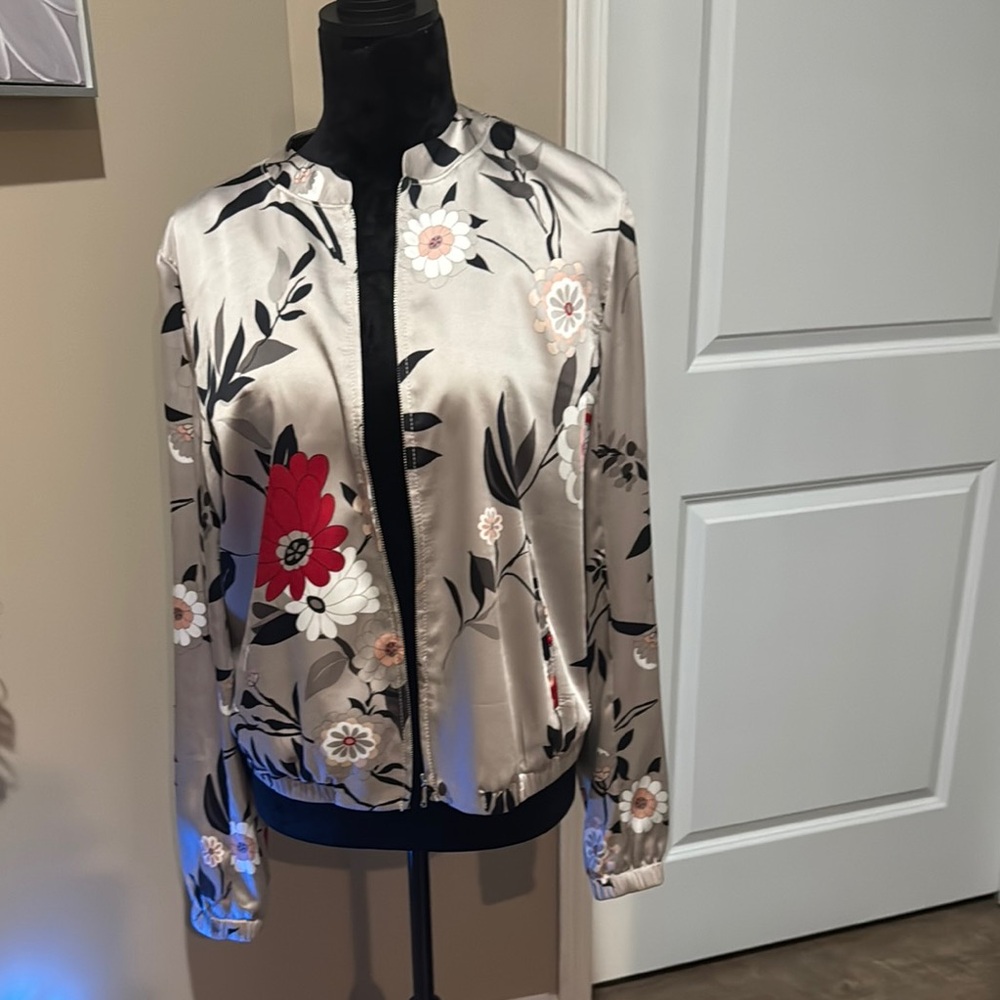LOFT Cream and Black Bomber Jacket with Floral Design
